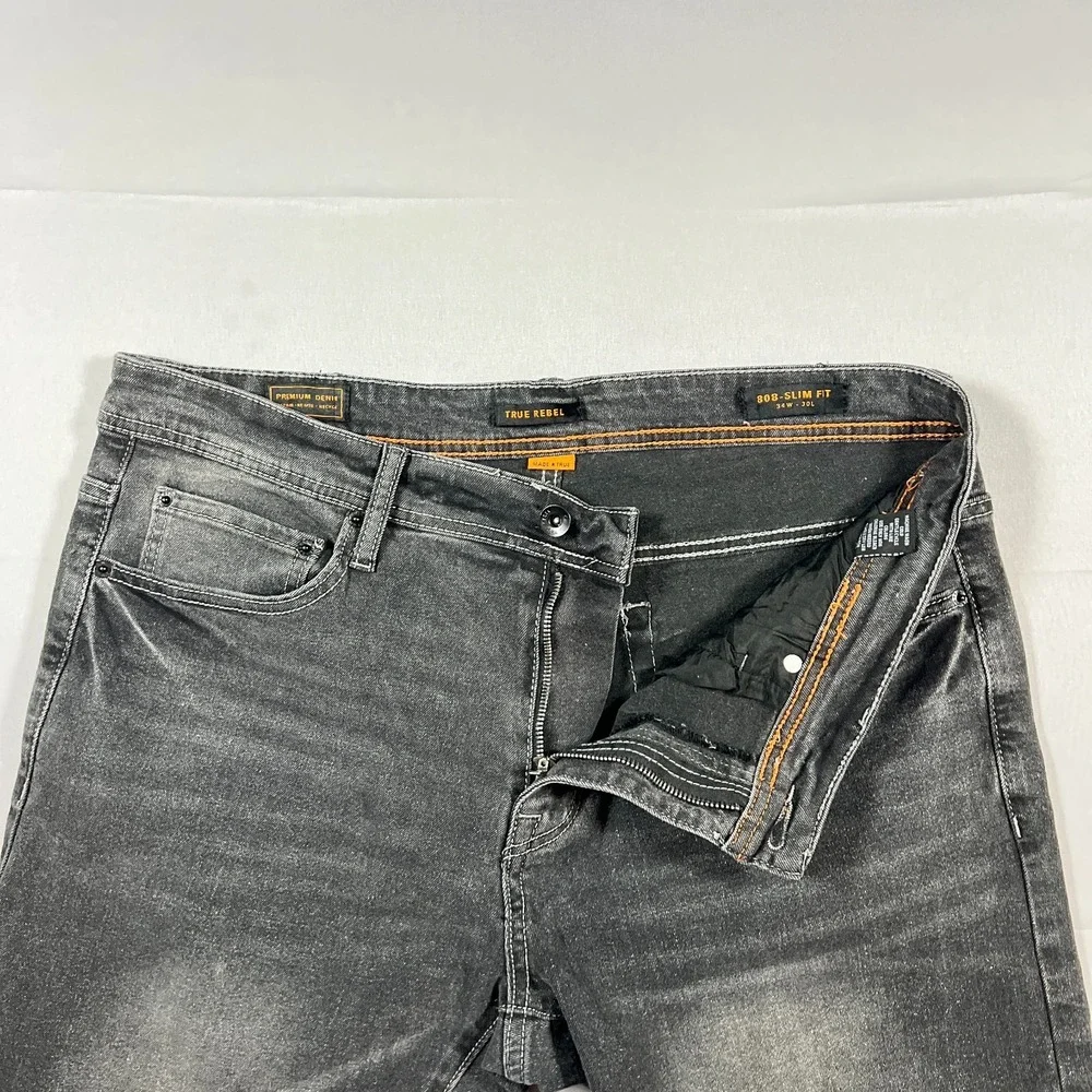 True Rebel Jeans Mens 34X30 Dark Gray Premium Denim 808 Slim Fit Straight Leg
